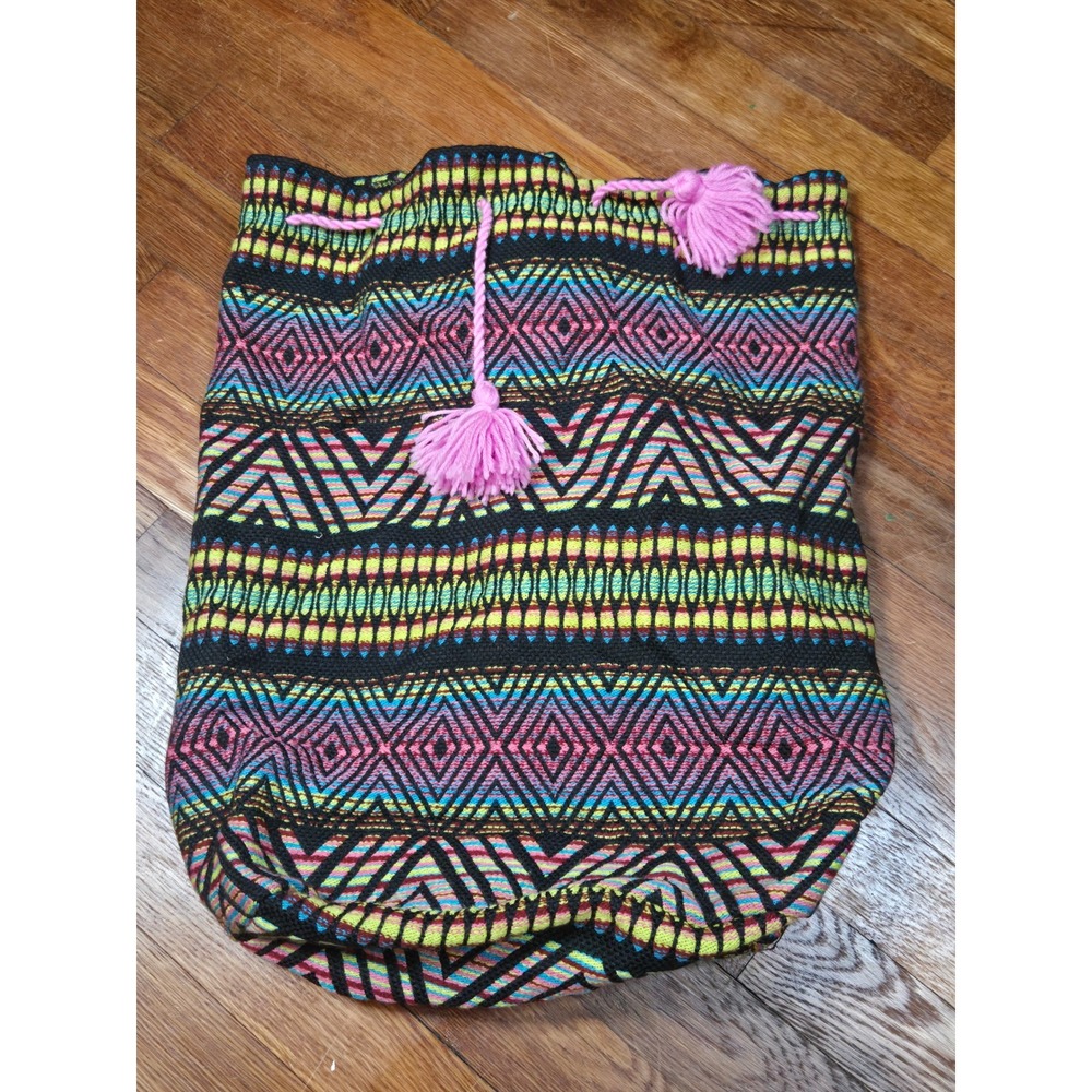 Urban Expressions Multi Geometric Woven Drawstring Backpack Pom Poms UB171155